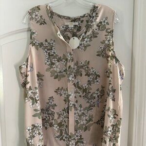 Ladies C+E Sleeveless Blouse w/ pale pink background with green & white flowers